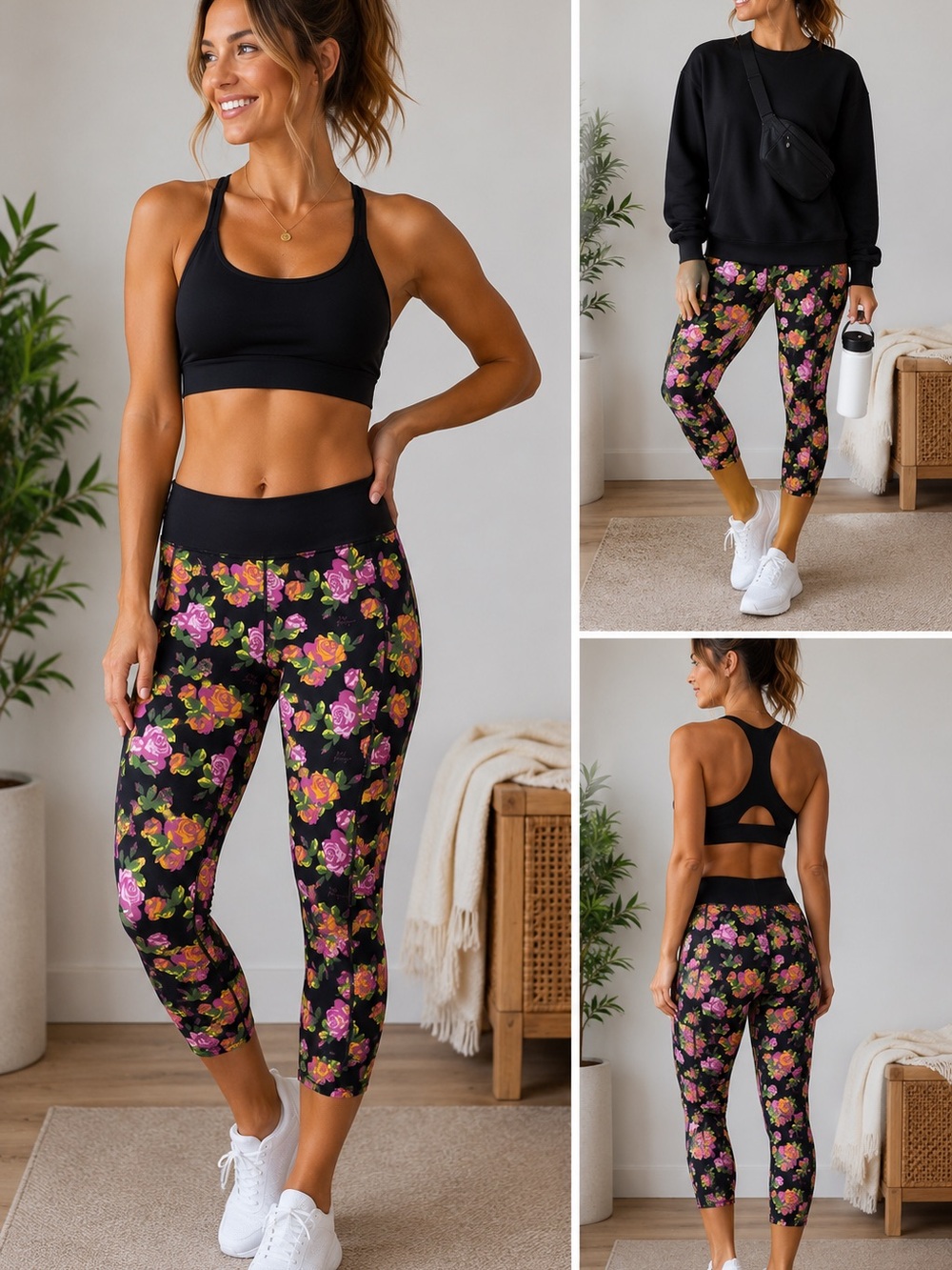 Betsey Johnson Large Performance‎ Crop Leggings Women’s Pink Roses Black Active